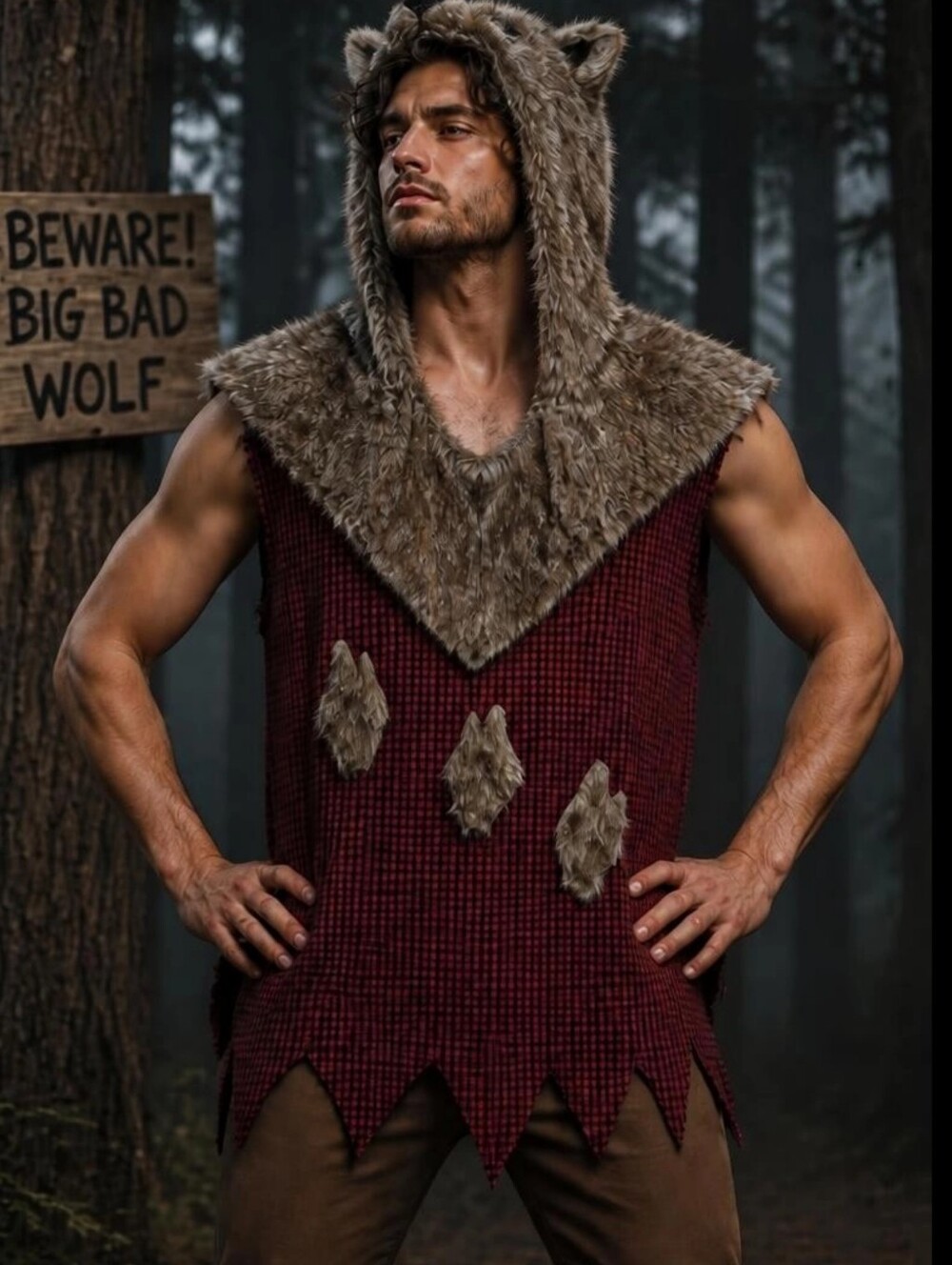 Dreamgirl Men's Big Bad Wolf Costume Hooded Tunic Red Plaid Flannel Size L